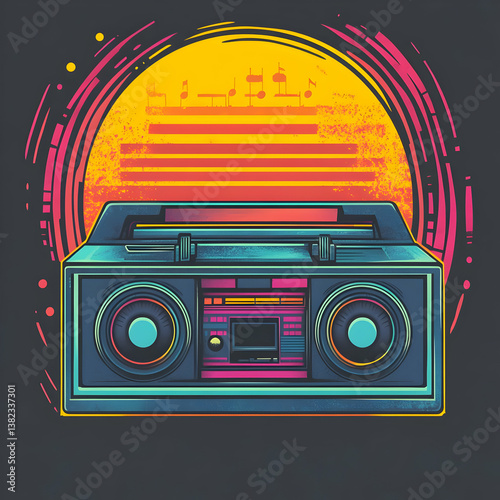 Obraz na płótnie A vibrant retro boombox against a colorful sunset background. w salonie