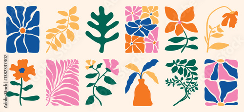 Botanical doodle background art vector set. Flower and leaves abstract shape doodle art design for print, wallpaper, clipart, wall art for home decoration. photo