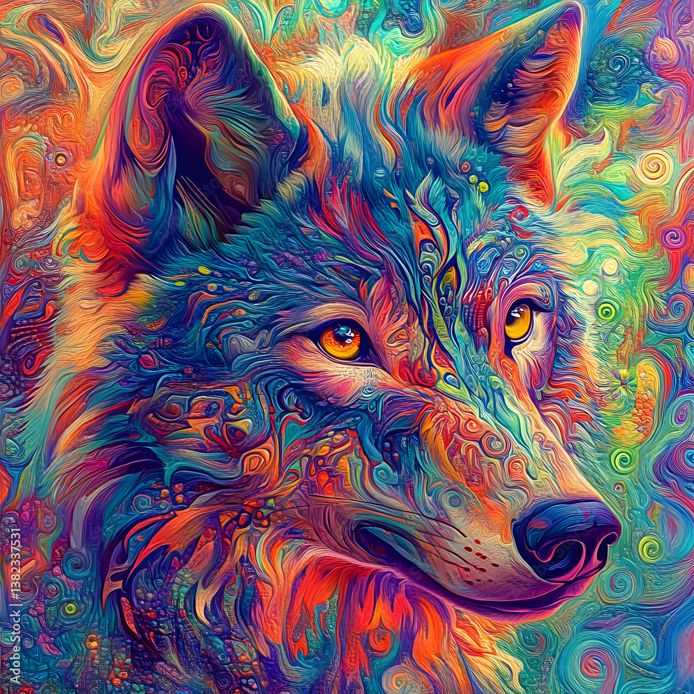 A vibrant, colorful wolf with intricate patterns and swirls in a psychedelic style.