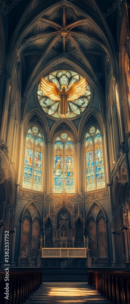 Fototapeta premium Interior view of a church featuring stained glass windows and