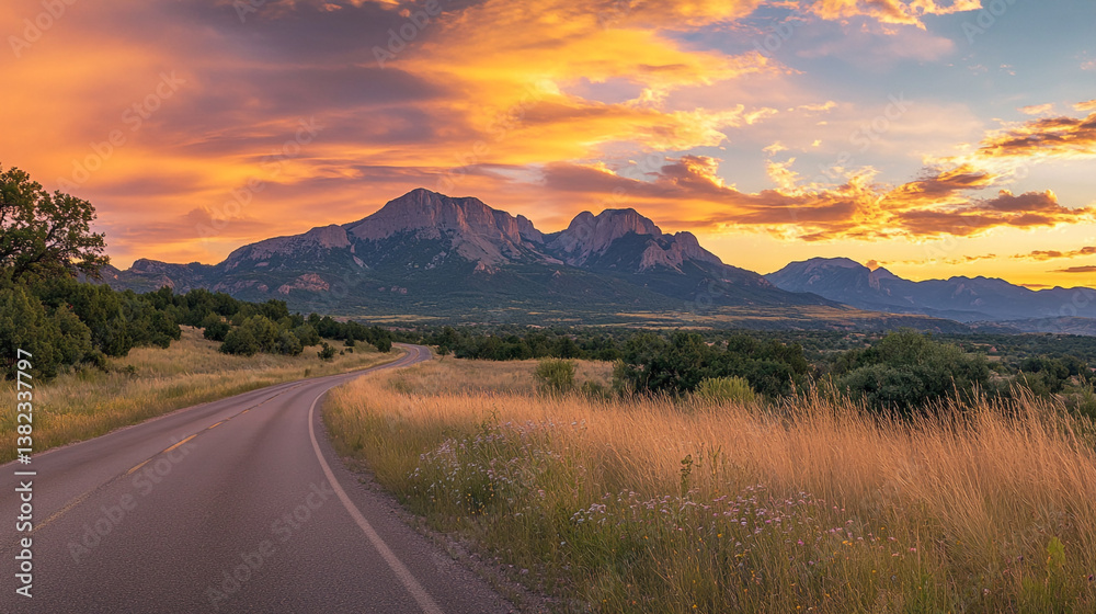 Fototapeta premium Captivating Sunset Landscape view with Winding Mountain Road, a beautiful mountain road soft pastel colors breathtaking sunset, Beautiful landscape with empty highway and hills.