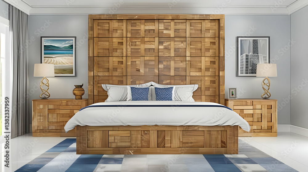Modern bedroom featuring a wooden accent wall and elegant furnishings.