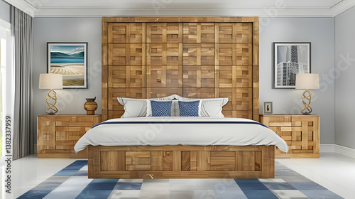 Obraz na płótnie Modern bedroom featuring a wooden accent wall and elegant furnishings. w salonie