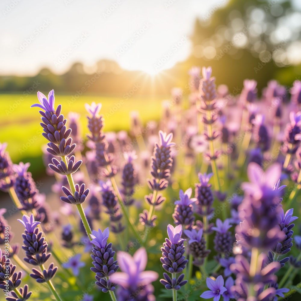 Obraz premium Lavender flowers blooming in golden sunlight against greenery 