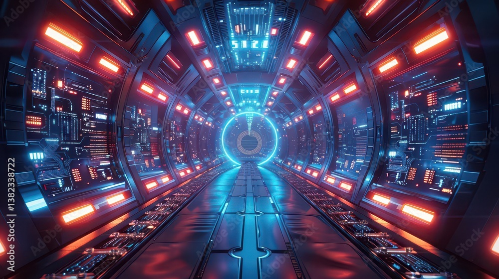 A futuristic corridor with glowing lights and technology elements. A futuristic corridor with glowing lights and technology elements.