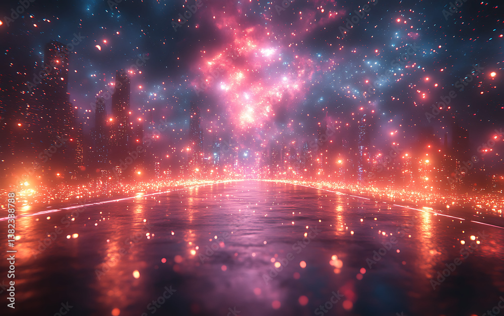 Abstract cosmic landscape with glowing lights and reflections Abstract cosmic landscape with glowing lights and reflections