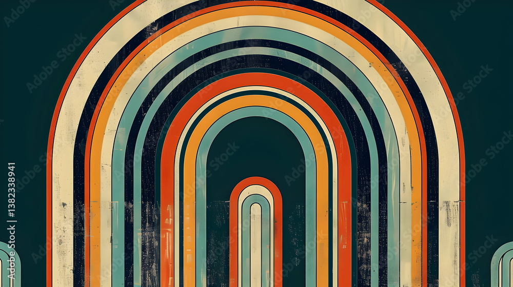 A retro-inspired graphic featuring layered arches in warm colors against a dark background.