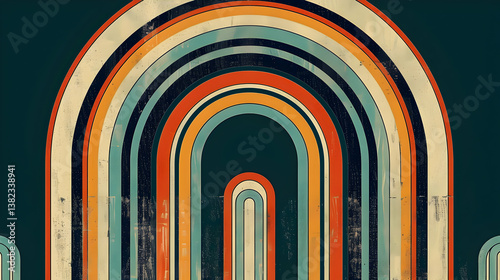 Obraz na płótnie A retro-inspired graphic featuring layered arches in warm colors against a dark background. w salonie