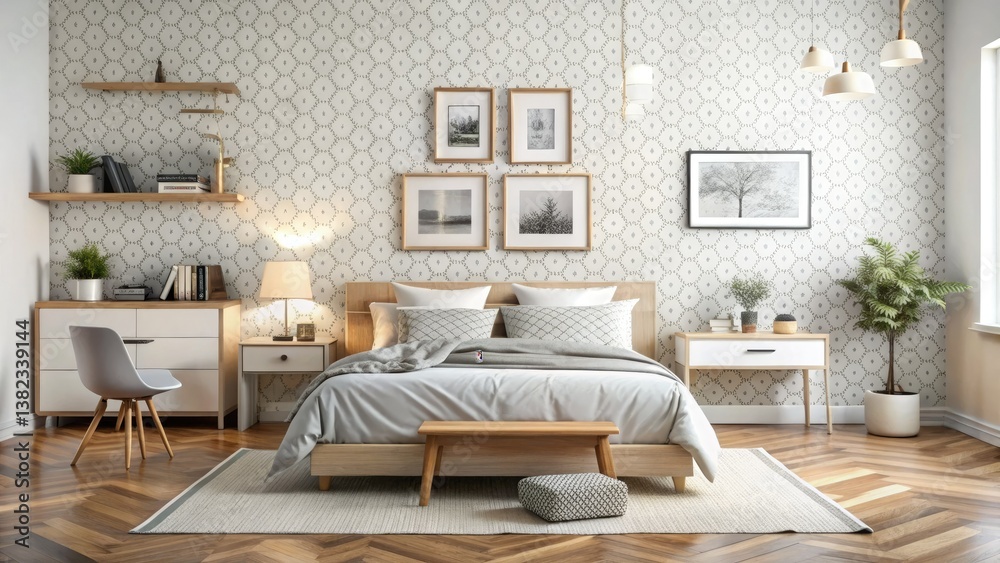 Fototapeta premium Vintage Bedroom Interior Design: White Poster, Desk & Unique Wall Art - AI Generated Photo