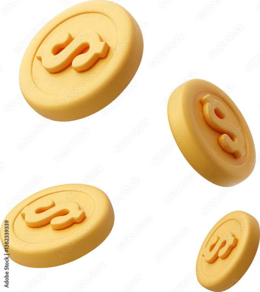 Fototapeta premium 3D Vector floating gold coins with embossed currency symbols on a soft blue background. Represents wealth, financial growth