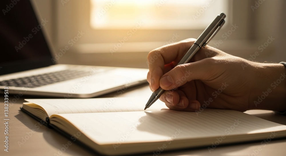 Soft, warm natural light illuminates a hand writing in an open notebook, with a laptop partially visible in the background Soft, warm natural light illuminates a hand writing in an open notebook, with a laptop partially visible in the background
