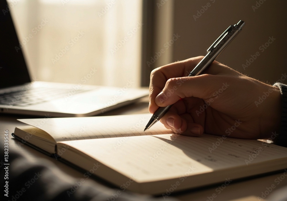 A hand writing in an open notebook, with a laptop partially visible in the background, is illuminated by soft, warm natural light A hand writing in an open notebook, with a laptop partially visible in the background, is illuminated by soft, warm natural light