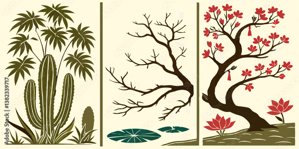 custom made wallpaper toronto digitalThree Panel Vintage Asian Botanical Art Cactus Bare Tree Red Leaf Tree Lotus Flowers Illustration Print