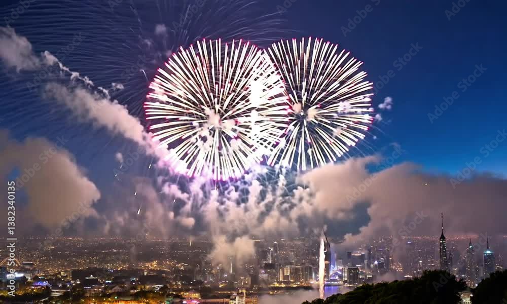 Kembang api di malam hari di suatu kota 