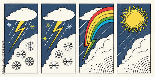 Vibrant Colorful Cartoon Weather Illustrations Four Panel Set Storm Lightning Rain Snow Rainbow Sun Clouds Climate Meteorology