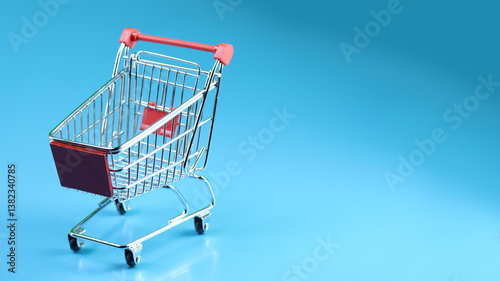 a shopping cart positioned on the right side against a plain blue background