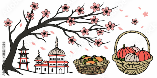 Spring Cherry Blossom Tree Pagoda Temple Asian Buildings Harvest Baskets Pumpkins Vegetables Cartoon Vector Flat Design Illustration Art