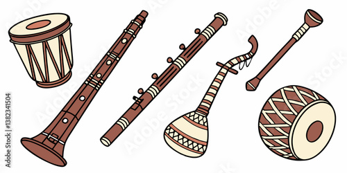Vector Cartoon Illustration of Traditional Indian Musical Instruments - Tabla, Shehnai, Sarangi, Dholak