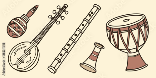 Cartoon Musical Instruments Illustration Maraca Sitar Flute Shehnai Tabla Art