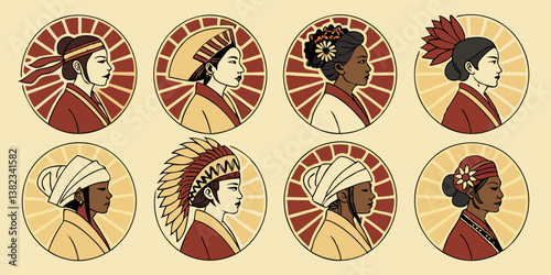 Retro Vintage Women Portraits Circular Icons - Diverse Female Hairstyles Cultural Headwear Illustrations Beige Red Brown Flat Design Graphic Style Vector Artwork Set