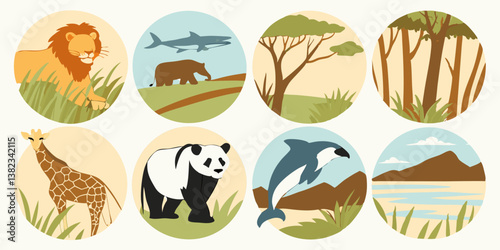 Cartoon Wildlife Illustrations Lion Giraffe Panda Dolphin Animal Nature Scenes