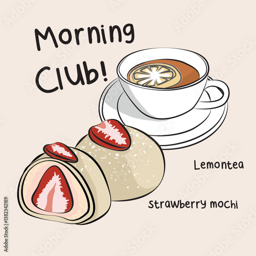 vector illustration of a breakfast time with Lemontea cup and Strawberry mochi. Suitable for breakfast menus, cafe promotions, and food blogs.