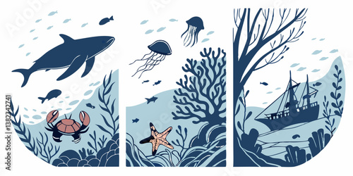 Cartoon Underwater Marine Life Scene with Whale Jellyfish Crab Starfish Shipwreck Blue