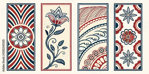 Vintage Indian Folkloric Art Panels Traditional Hand-drawn Floral & Geometric Patterns Red Blue Beige