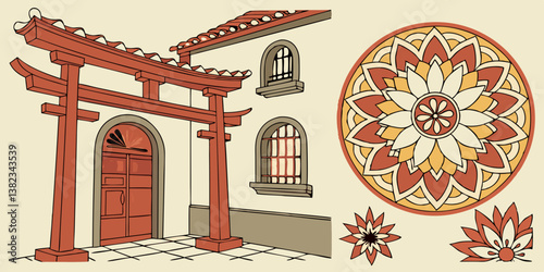 Cartoon Vector Illustration of Japanese Torii Gate, Building, Mandala, Flowers - Traditional Asian Architectural Design Vector Graphic Design Artwork Photograph