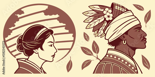 Vintage Ethnic Cultural Diversity Woman Man Profiles Illustration