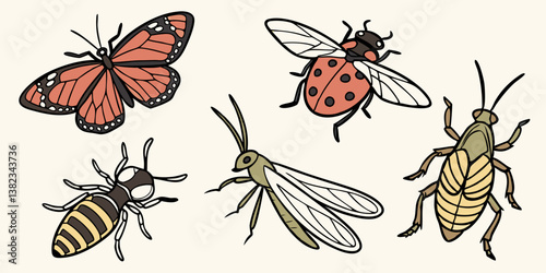Colorful Cartoon Line Art Style Insects Drawing: Butterfly, Ladybug, Wasp, Mayfly, Cockroach, Bugs, Wildlife, Nature Vector Graphic Image Clipart