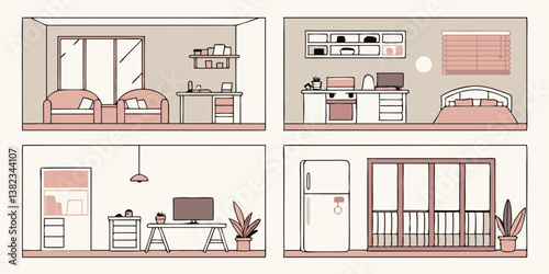 Cartoon Apartment Room Layouts Living Room Kitchen Bedroom Study Balcony Minimalist Home Interior Design