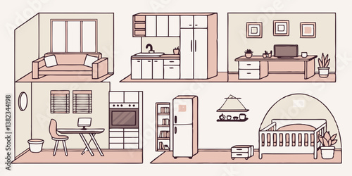 Cartoon Dollhouse Interior Illustration Home Design: Living Room, Kitchen, Office, Nursery, Bedroom Furniture, Minimalist