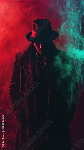 Shadowy figure in fog, mysterious man wearing fedora and overcoat