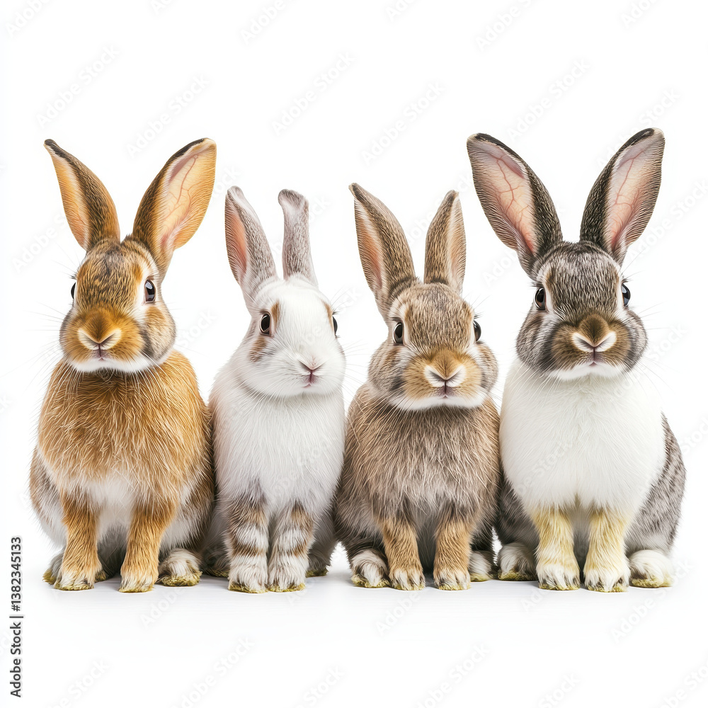 Fototapeta premium Adorable Bunny Quartet: A charming group of four fluffy bunnies of varying colors sits in a row, their ears perked and eyes wide, presenting a collective portrait of innocence and cuteness.