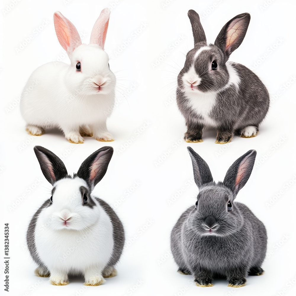 Variety of Rabbits: A captivating assortment of four adorable rabbits, showcasing a range of fur colors and distinct personalities. Each bunny sits gracefully. Variety of Rabbits: A captivating assortment of four adorable rabbits, showcasing a range of fur colors and distinct personalities. Each bunny sits gracefully.