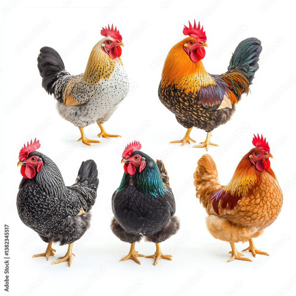Fototapeta premium Roosters in Variety: A gathering of vibrant roosters, each boasting unique plumage and commanding presence, stands ready to add charm to any scene.