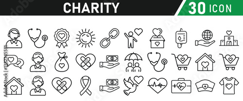 Charity and Donation icon set. Help, volunteer, donated, assistance, sharing and solidarity symbol. Liner icons vector collection for web.
