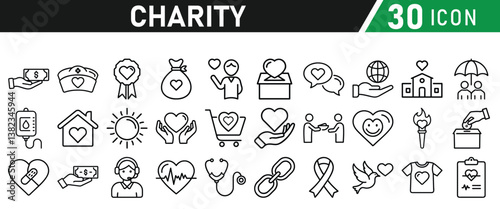 Charity and Donation icon set. Help, volunteer, donated, assistance, sharing and solidarity symbol. Liner icons vector collection for web.