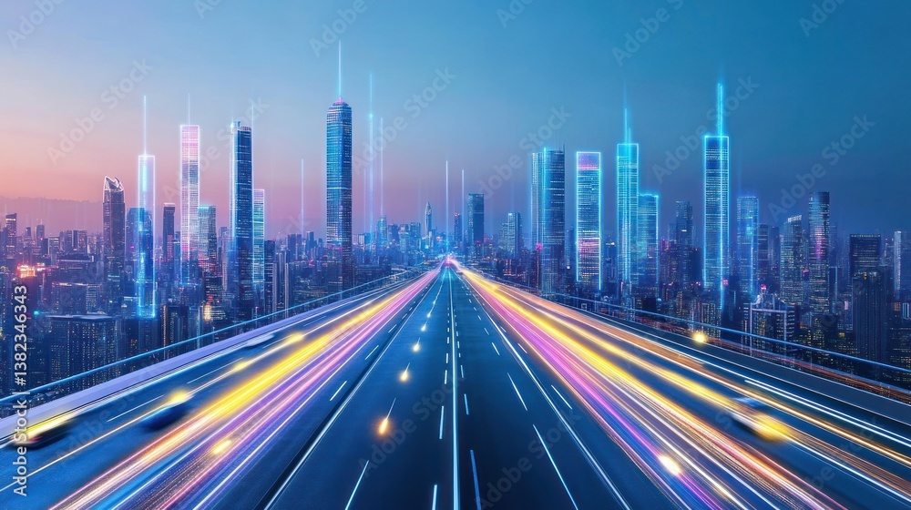Futuristic city highway at twilight Futuristic city highway at twilight