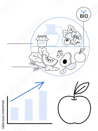 Fresh organic foods thumbs up fruits, vegetables, and dairy with a bio label alongside a growth bar chart. Ideal for nutrition, sustainability, organic farming, healthy lifestyle, eco-friendly