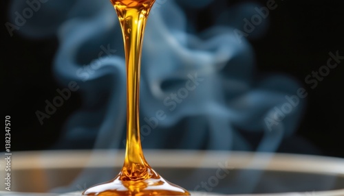 A close up of honey being drizzled, capturing the viscous flow and shine against a contrasting background.