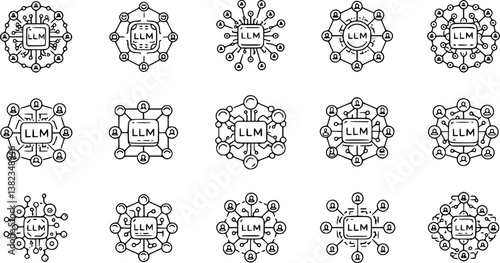 set of LLM or large language model with neural networks line art vector icon for apps and websites
