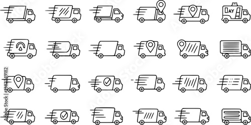 set of Fast moving shipping delivery truck line art vector icon for transportation apps and websites
