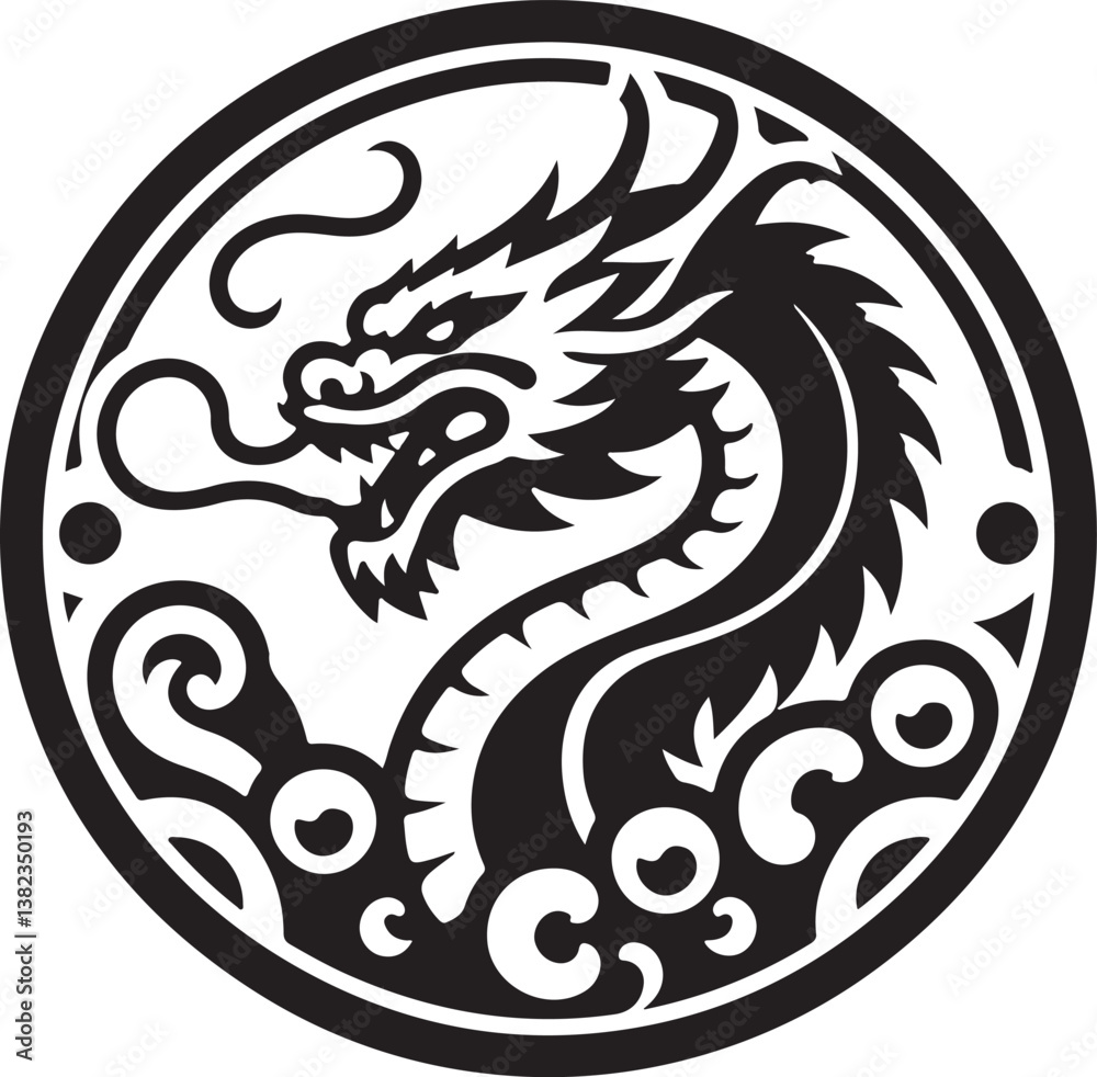 Naklejka premium Abstract black round dragon in a circular form with ink splatter isolated on white background,