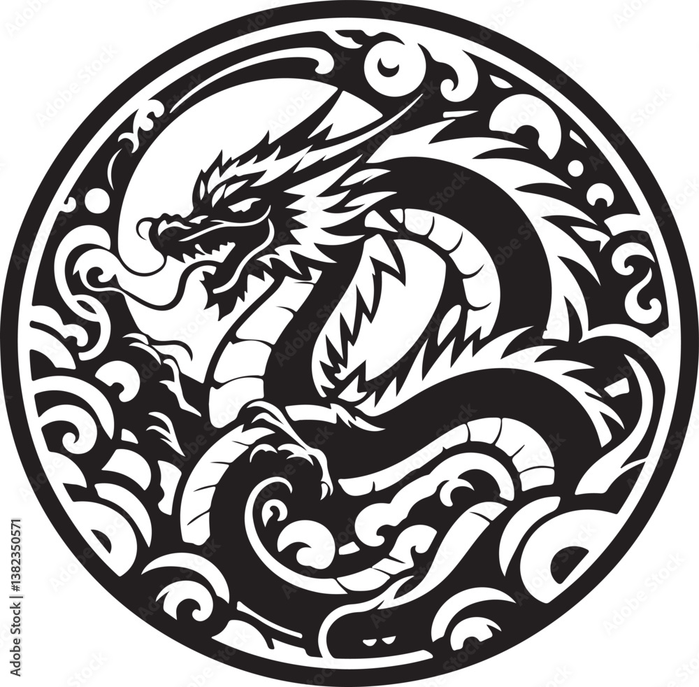 Naklejka premium Abstract black round dragon in a circular form with ink splatter isolated on white background,