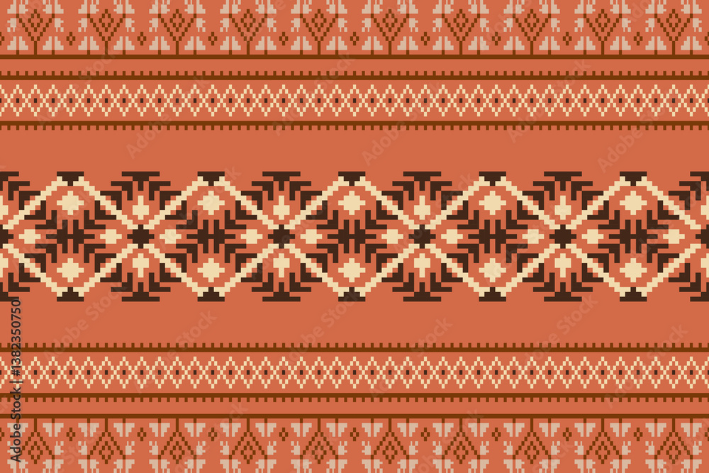 Motifs African boho paisley Floral Ikat pattern embroidery border.Border indian floral Aztec embroidery border seamless patterns.Pixel Art Fabric background Pattern with Geometric Square.