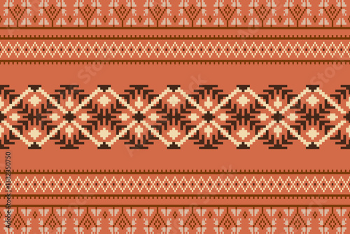 Obraz na płótnie Motifs African boho paisley Floral Ikat pattern embroidery border.Border indian floral Aztec embroidery border seamless patterns.Pixel Art Fabric background Pattern with Geometric Square. w salonie