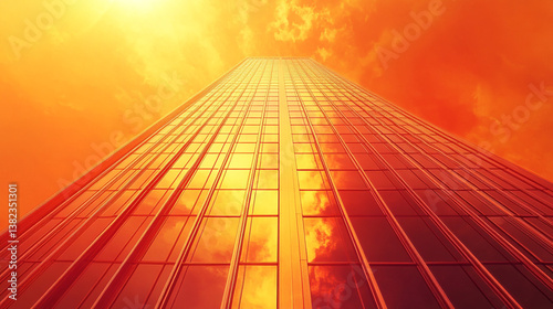 A city skyline at sunset  with the sky ablaze in shades of orange  Vibrant sunset reflecting off modern glass skyscrapers  Abstract warm orange tones cloudy sky background with tall buildings.