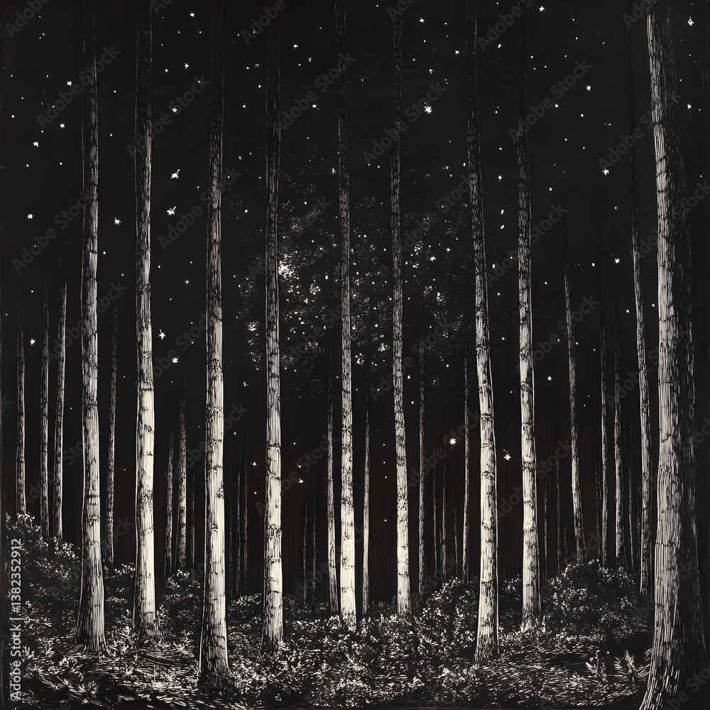 Naklejka premium Enchanted Nocturnal Forest: A Serene Woodcut Exploration of Trees Under a Starry Night Sky
